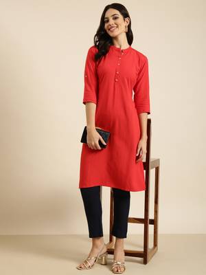women's calf length mandarin collar red solid straight kurta 1