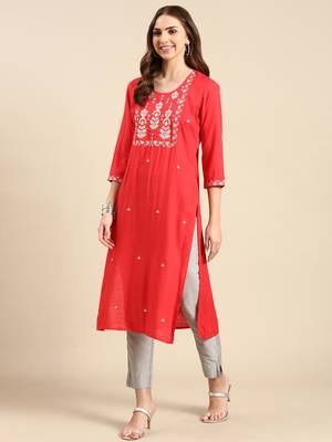 women's calf length scoop neck coral solid straight kurta 5