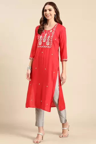women's calf length scoop neck coral solid straight kurta