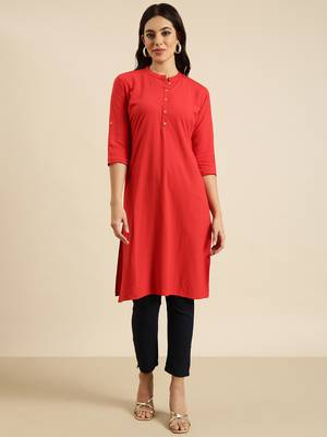 women's calf length mandarin collar red solid straight kurta 2