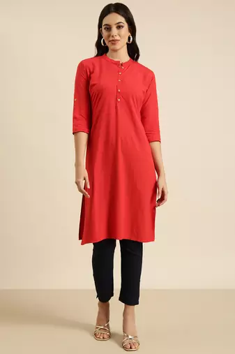 women's calf length mandarin collar red solid straight kurta