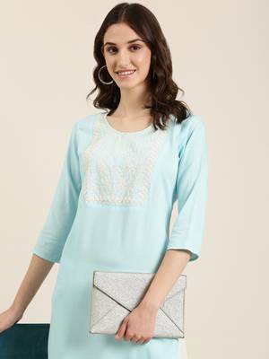 women's calf length round neck blue solid straight kurta 1