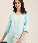 women's calf length round neck blue solid straight kurta