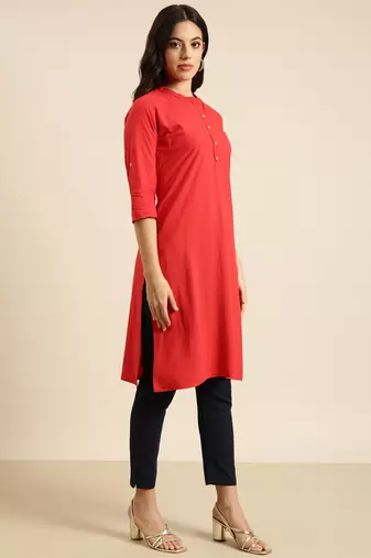 women's calf length mandarin collar red solid straight kurta