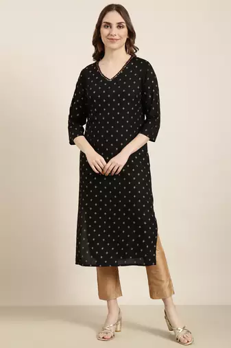 Showoff women's calf length v-neck black geometric straight kurta