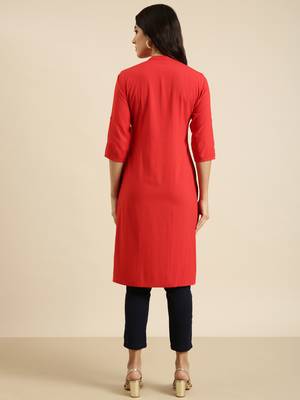 women's calf length mandarin collar red solid straight kurta 4
