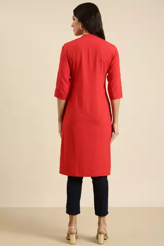 women's calf length mandarin collar red solid straight kurta
