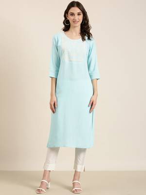 women's calf length round neck blue solid straight kurta 2