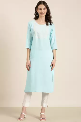 women's calf length round neck blue solid straight kurta