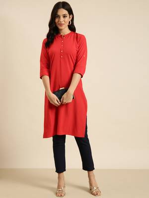 women's calf length mandarin collar red solid straight kurta 5