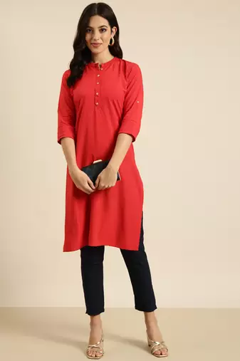 women's calf length mandarin collar red solid straight kurta