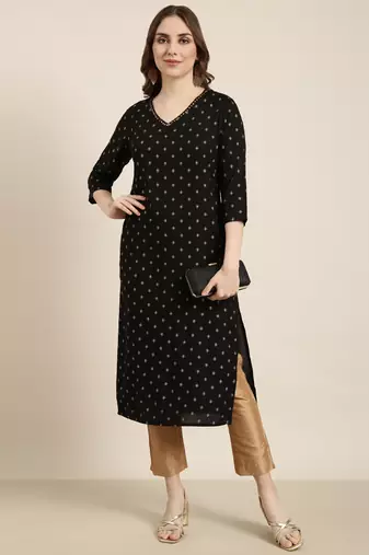 Showoff women's calf length v-neck black geometric straight kurta