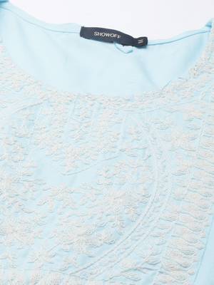 women's calf length round neck blue solid straight kurta 3