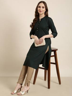 women's calf length mandarin collar green solid straight kurta 1