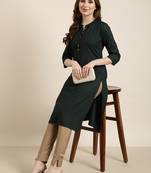 women's calf length mandarin collar green solid straight kurta