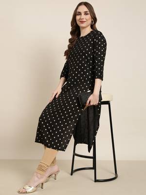 women's calf length round neck black geometric straight kurta 1