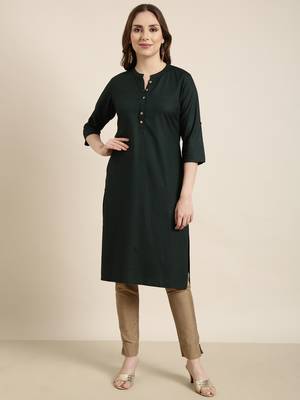 women's calf length mandarin collar green solid straight kurta 2
