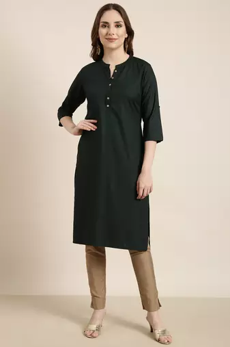 women's calf length mandarin collar green solid straight kurta