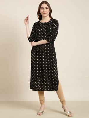 women's calf length round neck black geometric straight kurta 2