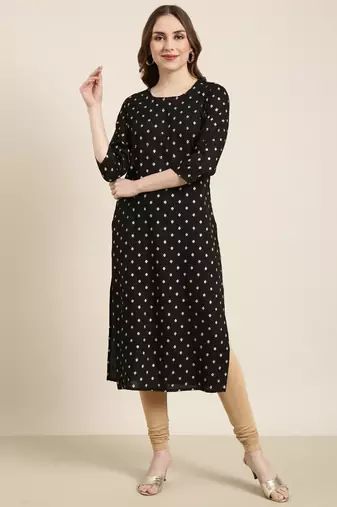 women's calf length round neck black geometric straight kurta