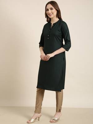 women's calf length mandarin collar green solid straight kurta 3
