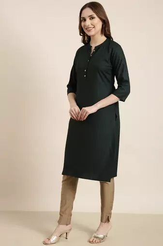 women's calf length mandarin collar green solid straight kurta