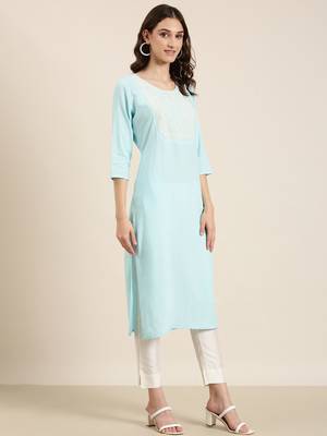women's calf length round neck blue solid straight kurta 4