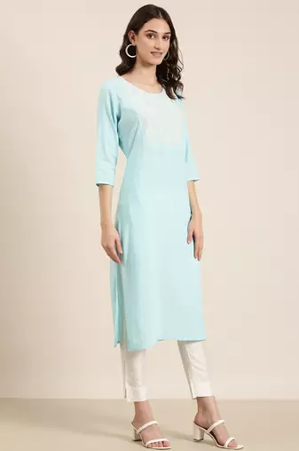 women's calf length round neck blue solid straight kurta