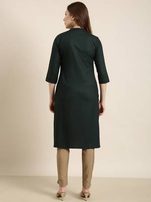 women's calf length mandarin collar green solid straight kurta 4