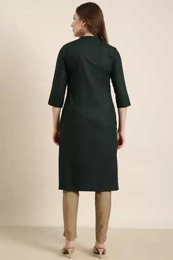 women's calf length mandarin collar green solid straight kurta