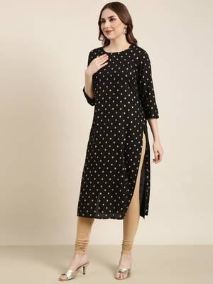 women's calf length round neck black geometric straight kurta 3