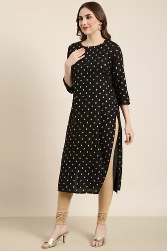 women's calf length round neck black geometric straight kurta