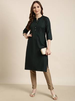 women's calf length mandarin collar green solid straight kurta 5