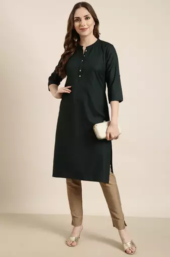 women's calf length mandarin collar green solid straight kurta