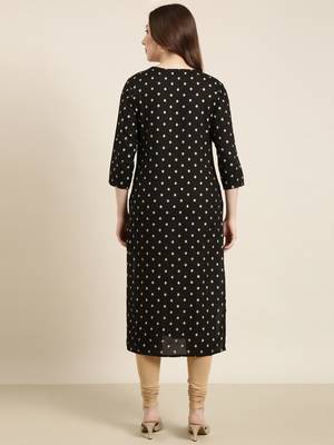 women's calf length round neck black geometric straight kurta 4