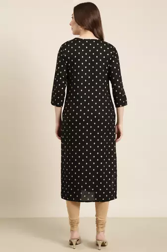 women's calf length round neck black geometric straight kurta