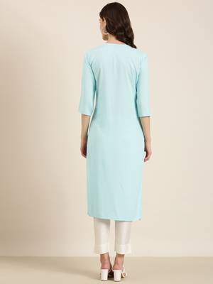 women's calf length round neck blue solid straight kurta 5