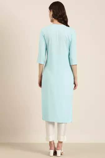 women's calf length round neck blue solid straight kurta
