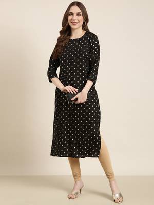 women's calf length round neck black geometric straight kurta 5