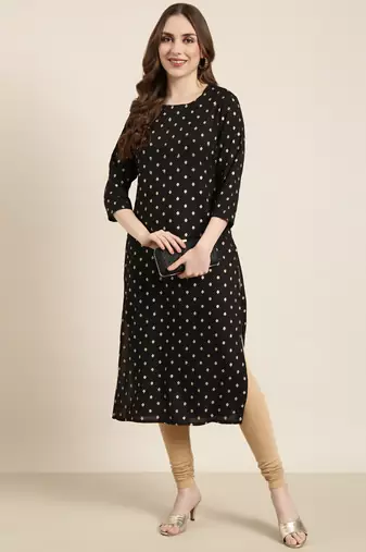 women's calf length round neck black geometric straight kurta