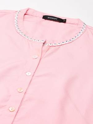 women's calf length round neck pink solid straight kurta 2