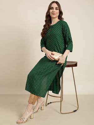 women's calf length round neck green ethnic motifs straight kurta 1