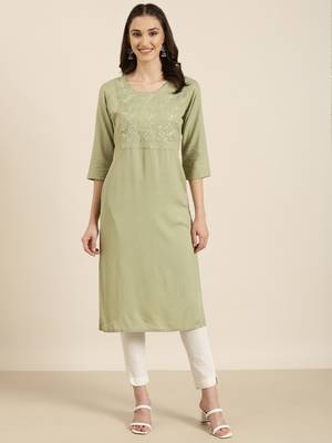 Showoff women's knee length round neck olive solid straight kurta 2