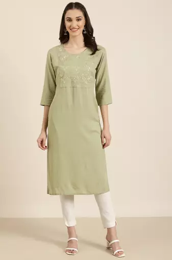 Showoff women's knee length round neck olive solid straight kurta