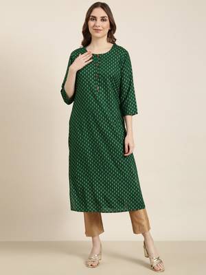 women's calf length round neck green ethnic motifs straight kurta 2