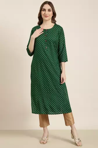 women's calf length round neck green ethnic motifs straight kurta