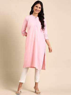 women's calf length round neck pink solid straight kurta 4