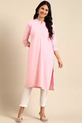 women's calf length round neck pink solid straight kurta