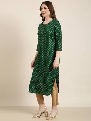 women's calf length round neck green ethnic motifs straight kurta 3