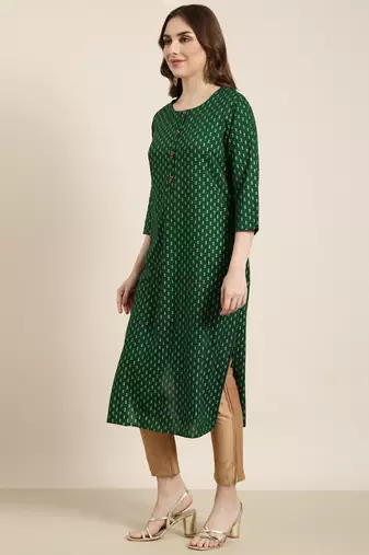 women's calf length round neck green ethnic motifs straight kurta